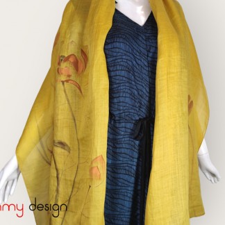 Yellow ramie scarf hand-painted with lotus